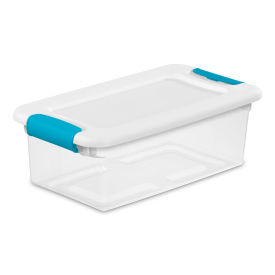 Sterilite 6 Quart Clear Storage Latch Tote, White Lid Blue Latches, 14-1/8 x 7-5/8 x 4-7/8 - Pkg Qty 12