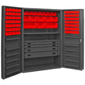 Durham Heavy Duty Work Bin Cabinet DCBDLP724RDR Deep Pocket Doors - 4 Drawers 72 Red Bins 48x24x78