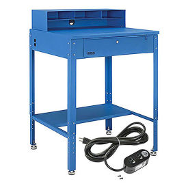 34-1/2"W x 30"D x 38"H Shop Desk with Pigeonhole Riser, Electrical Outlets, Flat Surface, Blue