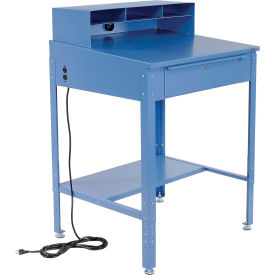34-1/2"W x 30"D x 38"H Shop Desk with Pigeonhole Riser, Electrical Outlets, Sloped Surface, Blue