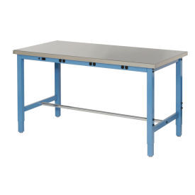 60"W x 30"D Adjustable Height Workbench, Power Apron, 1-5/8" Thick Stainless Steel Square Edge, Blue