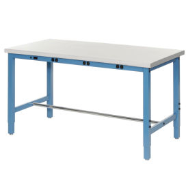 72"W x 30"D Adjustable Height Workbench, Power Apron, 1-1/4" Thick ESD Laminate Safety Edge, Blue