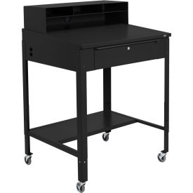 34-1/2"W x 30"D x 38"H Mobile Shop Desk with Pigeonhole Compartment Riser Sloped Surface, Black