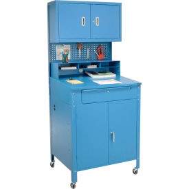 Global Industrial Mobile Cabinet Shop Desk w/ Upper Cabinet, 34-1/2"W x 30"D, Blue