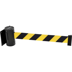 Global Industrial Wall Mount Retractable Belt Barrier, Black Case W/7-1/2' Black/Yellow Belt