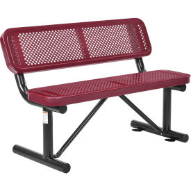 48"L Outdoor Steel Bench with Backrest, Perforated Metal, Red
