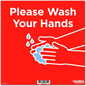 12" Square Please Wash Your Hands Wall Sign, Red, Adhesive
