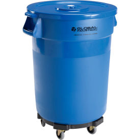 Global Industrial 32 Gallon Plastic Trash Can with Lid & Dolly, Blue