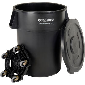 Global Industrial 55 Gallon Plastic Trash Can with Lid & Dolly, Black