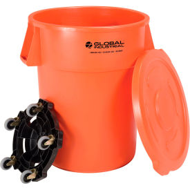 Global Industrial 55 Gallon Plastic Trash Can with Lid & Dolly, Bright Orange