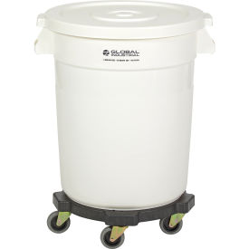 Global Industrial 20 Gallon Plastic Trash Can with Lid & Dolly, White