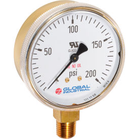 Global Industrial 2-1/2" Compressed Gas Gauge, 200 PSI, 1/4" NPT LM, Polished Brass