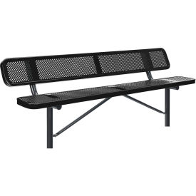 Global Industrial 8' Outdoor Steel Bench w/ Backrest, Perforated Metal, In Ground Mount, Black