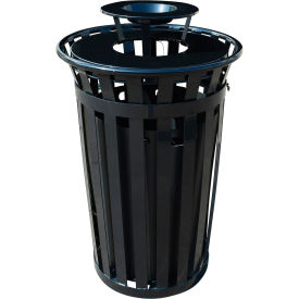 Global Industrial Outdoor Slatted Steel Trash Can w/ Ashtray Lid & Access Door, 36 Gal., Black