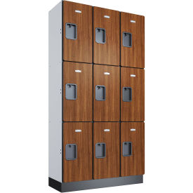 Global Industrial 3-Tier 9 Door Wood Locker, 36"W x 15"D x 72"H, Cherry, Unassembled