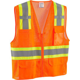 Global Industrial Class 2 Hi-Vis Safety Vest, 6 Pockets, Two-Tone, Mesh, Orange, S/M