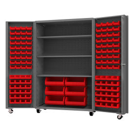 Durham Mfg.® Mobile Heavy Duty Cabinet w/ 3 Shelves & 126 Red Bins, 14 Ga., 48"W x 24"D x 76"H