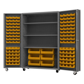 Durham Mfg.® Mobile HD Cabinet w/ 3 Shelves & 126 Yellow Bins, 14 Ga., 48"W x 24"D x 76"H