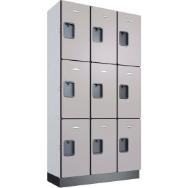 Global Industrial 3-Tier 9 Door Wood Locker, 36"W x 15"D x 72"H, Gray, Assembled
